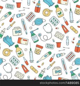 Meds, drugs, pills, bottles and health care medical elements. Color seamless pattern. Vector illustration in doodle style on white background. Meds, drugs, pills, bottles and health care medical elements. Color seamless pattern
