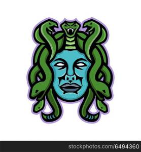 Medusa Greek God Mascot. Mascot icon illustration of head of Medusa, in Greek mythology, a monster, a Gorgon, described as a winged human female with living venomous snakes in place of hair viewed from front in retro style.. Medusa Greek God Mascot