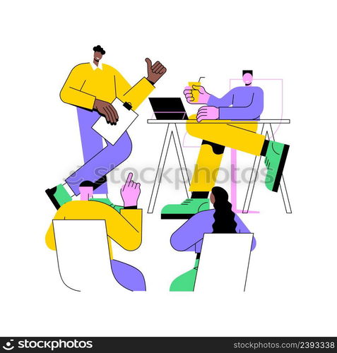 Meeting abstract concept vector illustration. Business meeting room, conference organization, signing contract, discussion at workplace, brainstorming, corporate presentation abstract metaphor.. Meeting abstract concept vector illustration.