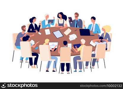 Meeting at table. People discussing ideas and problems in office. Teamwork, brainstorming and business conference vector concept. Illustration office businessman and woman at table. Meeting at table. People discussing ideas and problems in office. Teamwork, brainstorming and business conference vector concept