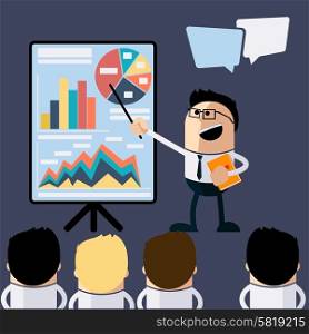 Meeting businessman pointing presentation infogarhics board concept in flat design style cartoon. Business man pointing presentation board with graph charts