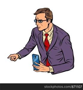 meeting businessman with smartphone. Pop art retro vector illustration drawing. meeting businessman with smartphone