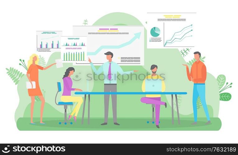 Meeting conference of business partners and workers. People working on project together, presentation with stats and information for experts. Vector illustration in flat cartoon style. Business Conference of Company Departments Meeting