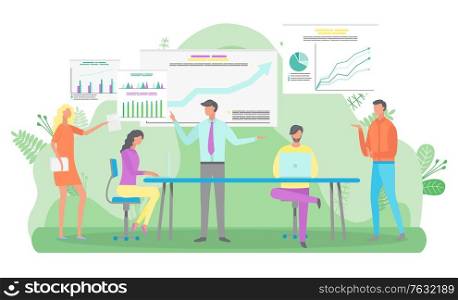 Meeting conference of business partners and workers. People working on project together, presentation with stats and information for experts. Vector illustration in flat cartoon style. Business Conference of Company Departments Meeting