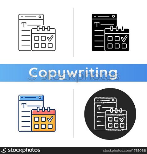Meeting deadlines icon. Time management. Task marked on calendar. Copywriting services. Freelance, SEO work. Professional journalist. Linear black and RGB color styles. Isolated vector illustrations. Meeting deadlines icon