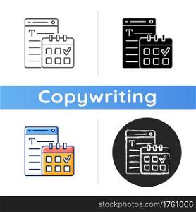 Meeting deadlines icon. Time management. Task marked on calendar. Copywriting services. Freelance, SEO work. Professional journalist. Linear black and RGB color styles. Isolated vector illustrations. Meeting deadlines icon