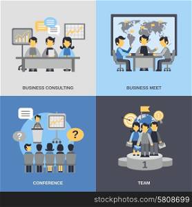 Meeting design concept set with business consulting team conference flat icons isolated vector illustration. Meeting Flat Set