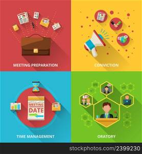Meeting design concept set with preparation conviction management and oratory flat icons isolated vector illustration. Meeting flat set