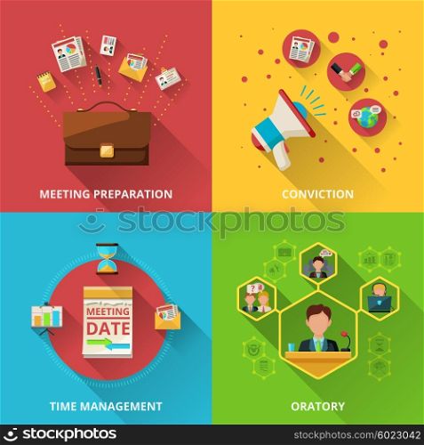Meeting flat set. Meeting design concept set with preparation conviction management and oratory flat icons isolated vector illustration