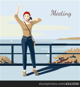 Meeting Girl Illustration. Girl talking on phone and meeting someone on bridge flat vector illustration