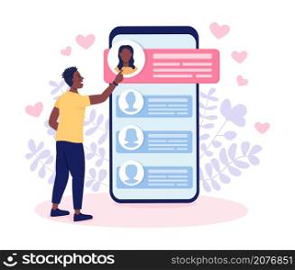 Meeting girlfriend on dating app flat concept vector illustration. Guy scrolling through ladies accounts isolated 2D cartoon character on white for web design. Online dating application creative idea. Meeting girlfriend on dating app flat concept vector illustration