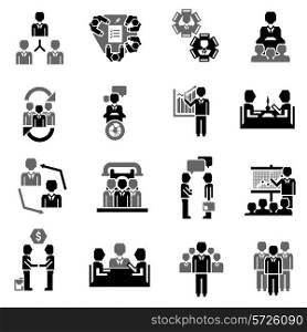 Meeting icon black set with job partnership corporate training elements isolated vector illustration