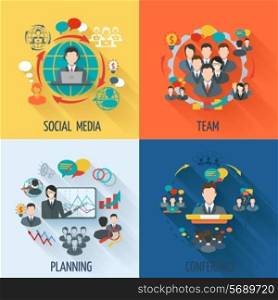 Meeting icon flat set with social media team planning conference isolated vector illustration
