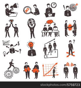 Meeting icon set with hand drawn business people characters set isolated vector illustration. Meeting People Icon Set