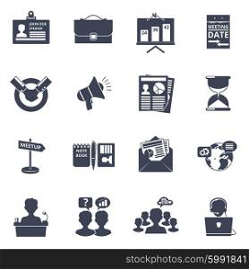 Meeting icons black. Meeting and team work icons black set isolated vector illustration