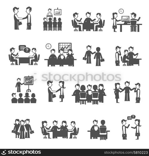 Meeting icons black set with men and women business personnel isolated vector illustration. Meeting Icons Black Set