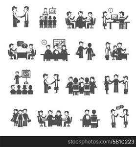 Meeting icons black set with men and women business personnel isolated vector illustration. Meeting Icons Black Set