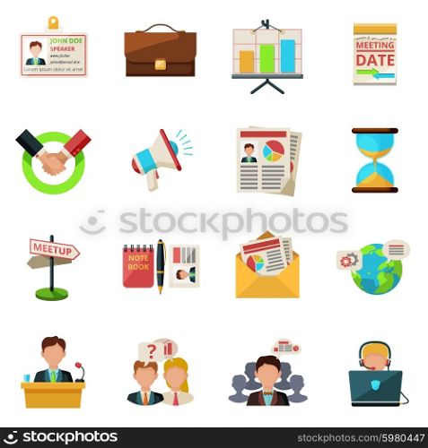 Meeting icons flat. Meeting icons flat set with people teamwork symbols isolated vector illustration