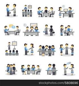 Meeting icons flat set with business people project teamwork symbols isolated vector illustration. Meeting Icons Flat Set