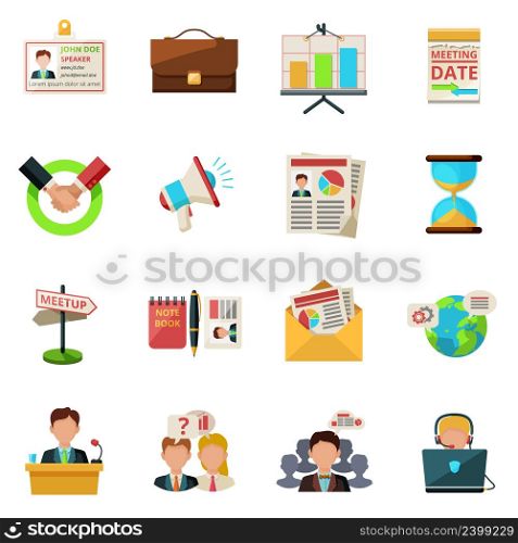 Meeting icons flat set with people teamwork symbols isolated vector illustration. Meeting icons flat