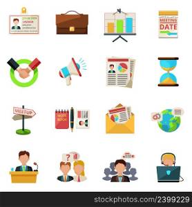 Meeting icons flat set with people teamwork symbols isolated vector illustration. Meeting icons flat