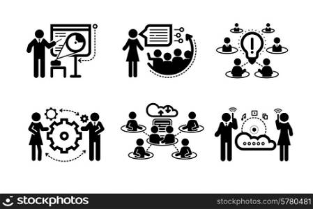 Meeting icons in black color. Business presentation teamwork concept. Internet cloud between businessmans