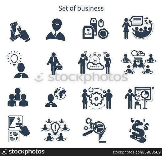 Meeting icons in black color isolated on white background. Business presentation teamwork concept. Internet cloud between businessmans. Business presentation teamwork concept icons