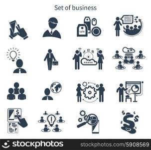 Meeting icons in black color isolated on white background. Business presentation teamwork concept. Internet cloud between businessmans. Business presentation teamwork concept icons