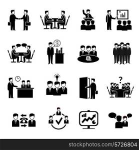 Meeting icons set with business people discussion management brainstorming symbols isolated vector illustration