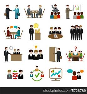 Meeting icons set with business teamwork corporate training and presentation symbols isolated vector illustration