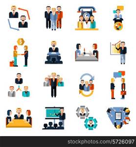 Meeting icons set with teamwork contract discussion group collaboration elements isolated vector illustration