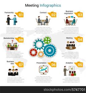 Meeting infographics set with partnership contract business negotiation brainstorming symbols vector illustration