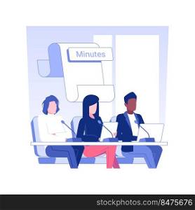 Meeting minutes isolated concept vector illustration. Group of diverse people keeping track or writing of meeting minutes, international business travel, negotiations process vector concept.. Meeting minutes isolated concept vector illustration.