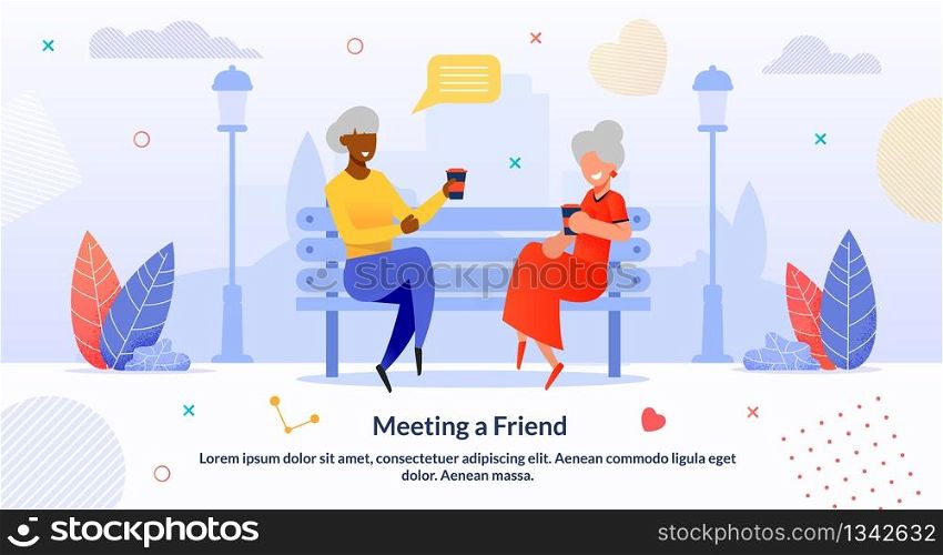 Meeting Multi-Ethnic Senior Friends Cartoon Flat. Afro-American and Caucasian Women Sitting on Bench in Park and Drinking Coffee. Female Characters Chatting, Gossip. Vector Flat Illustration. Meeting Multi-Ethnic Senior Friends Cartoon Flat