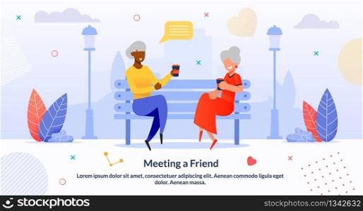 Meeting Multi-Ethnic Senior Friends Cartoon Flat. Afro-American and Caucasian Women Sitting on Bench in Park and Drinking Coffee. Female Characters Chatting, Gossip. Vector Flat Illustration. Meeting Multi-Ethnic Senior Friends Cartoon Flat