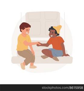 Meeting new friends isolated cartoon vector illustration. child stretches out hand to new friend, game club, socialization activity, invite neighbors, kids play outdoors vector cartoon.. Meeting new friends isolated cartoon vector illustration.