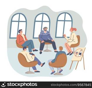 Meeting of anonymous alcoholics sitting in circle and talking about the addiction. Support for people drinking alcohol. Help and assistance of mentor with psychological issues. Vector in flat style. Anonymous alcoholic clubs at meeting with people 