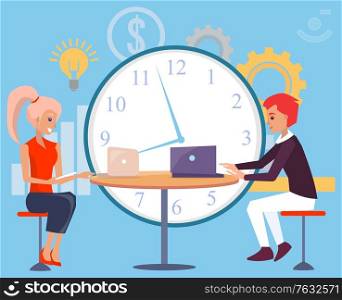 Meeting of business partners, man and woman dealing with working tasks and assignments. Secretary with laptop clock and cogwheel with lightbulb. Vector illustration in flat cartoon style. Seminar Business Conference of Partners Meeting
