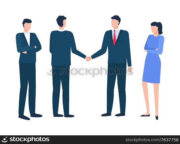 Meeting of business partners vector, men shaking hands isolated people wearing formal clothes. Secretary women and employee boss standing strictly. Managers at Meeting, Partners at Conference Vector
