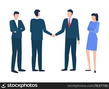 Meeting of business partners vector, men shaking hands isolated people wearing formal clothes. Secretary women and employee boss standing strictly. Managers at Meeting, Partners at Conference Vector