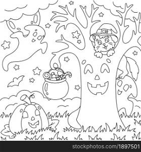 Meeting of friends. Cat, pumpkin, ghost, magic tree. Coloring book page for kids. Halloween theme. Magical creatures celebrate the holiday. Vector illustration