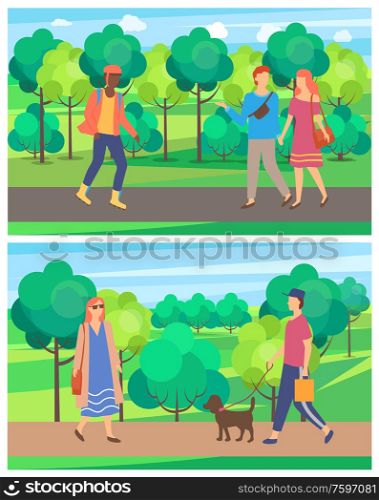 Meeting of man and woman in park, passerby on roller-skates, people going on road near trees, walking of male and female character, person with dog vector. Passerby Outdoor, Walking in Park, Leisure Vector