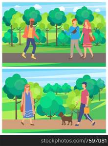 Meeting of man and woman in park, passerby on roller-skates, people going on road near trees, walking of male and female character, person with dog vector. Passerby Outdoor, Walking in Park, Leisure Vector