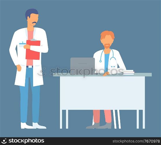 Meeting of two doctors in medical office. Consultation and diagnosis. Doctor with clipboard talking to medical man sitting at the computer at hospital office. Clinic appointment meeting with doctor. Medicine concept with meeting of two doctors in hospital medical office. Consultation and diagnosis