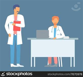 Meeting of two doctors in medical office. Consultation and diagnosis. Doctor with clipboard talking to medical man sitting at the computer at hospital office. Clinic appointment meeting with doctor. Medicine concept with meeting of two doctors in hospital medical office. Consultation and diagnosis