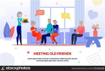 Meeting Old Friends and Party Time Flap Poster. Grey-Haired Aged People Characters Rest. Senior Male Female Talking, Drinking Coffee and Eating Cake. Living Room Interior. Cartoon Vector Illustration. Meeting Old Friends and Party Time Flap Poster