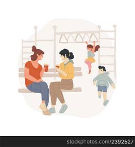 Meeting on outdoor playground isolated cartoon vector illustration. Friends meeting outdoor, parents sitting on bench, having conversation, kids playing on playground, lifestyle vector cartoon.. Meeting on outdoor playground isolated cartoon vector illustration.