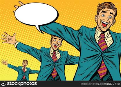 Meeting other happy people, pop art retro vector illustration. Businessman widely placed arms for a hug