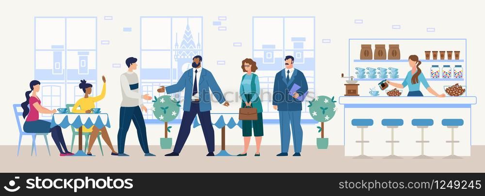 Meeting Potential Investor, Lawyer in Cafe, Lunch with Business Partner in Restaurant Flat Vector Concept. Young Man with Friends Handshaking, Welcoming Businessman, Greeting Colleague Illustration