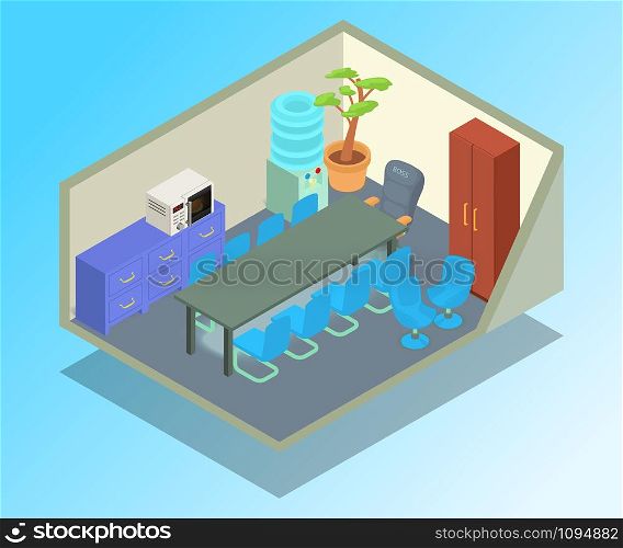 Meeting room concept banner. Isometric banner of meeting room vector concept for web, giftcard and postcard. Meeting room concept banner, isometric style